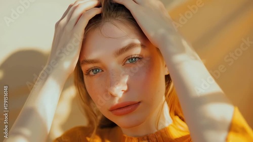Young woman gently touching her hair while looking at the camera. Soft lighting creates a natural beauty and lifestyle video aesthetic