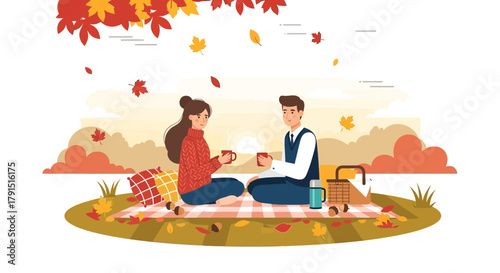 Romantic autumn picnic illustration featuring a couple enjoying hot drinks in nature setting