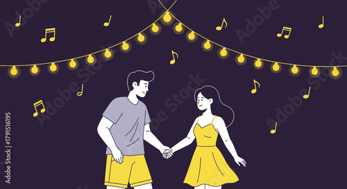 Romantic evening: A couple dancing under string lights with musical notes floating around them