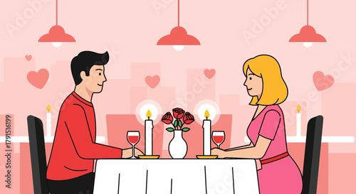 Romantic candlelit dinner illustration featuring a couple in a pink ambiance and heart decorations