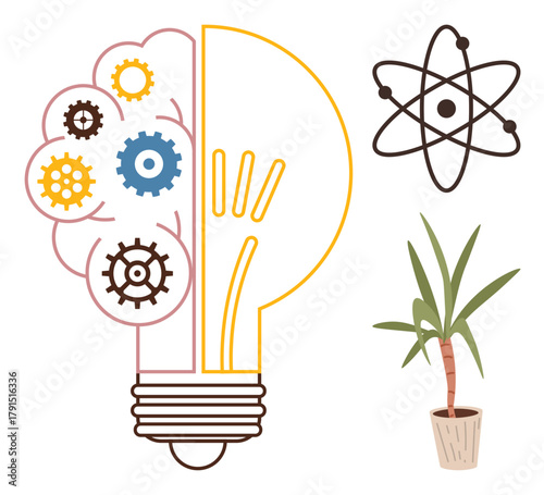 Half-light bulb integrates gears and mechanics atomic structure highlights science. Potted plant adds nature. Ideal for innovation, sustainability, creativity, science, engineering, environment