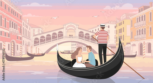 Romantic gondola ride in Venice illustration showcasing iconic Rialto bridge scenic and love