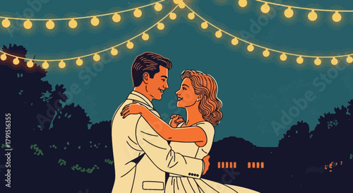 Romantic illustration of a couple dancing under the lights in an outdoor setting at night