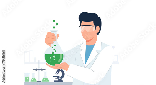 Scientist conducting experiment holding flask with green liquid in laboratory setting