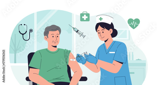 Senior man receives vaccination from nurse in medical office for healthcare program