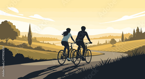 Serene cycling scene of couple amidst picturesque landscapes and golden light setting, vector