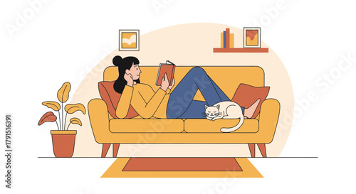 Serene illustration of a woman relaxing on a sofa reading with a cat sleeping beside her indoors