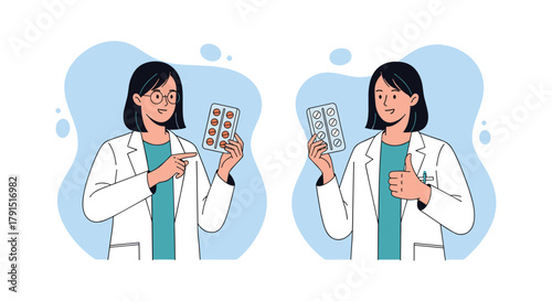 Illustration of two doctors holding blister packs of medication and offering advice.
