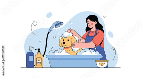 Young woman bathing a happy dog in a tub with bubbles and shampoo bottles.
