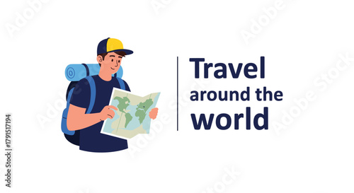 A young man with a backpack looks at a map while planning his next travel adventure around the world.