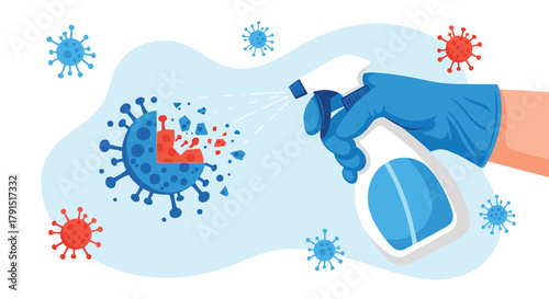 Hand in blue glove spraying disinfectant on a virus particle causing it to shatter.