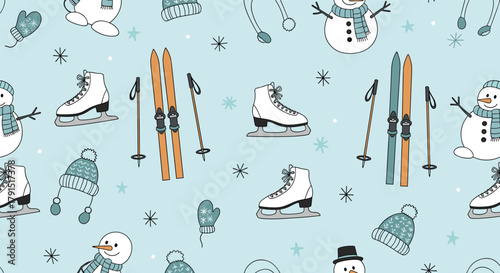 Hand-drawn winter sports and snowman illustrations on a light blue background with snowflakes.