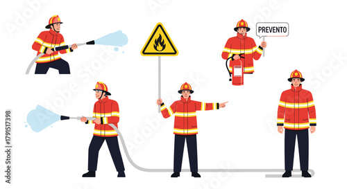 Collection of cartoon firefighters in various poses related to fire safety and prevention.