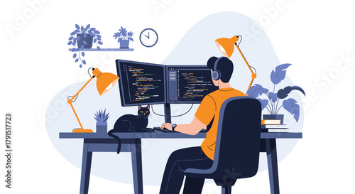 Programmer coding on dual monitors at a desk with a cat and plants in a modern home office.