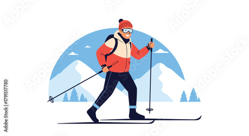 Cartoon skier with goggles and hat enjoys a sunny day skiing in the mountains.