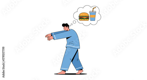 A person in pajamas sleepwalks while dreaming of a burger and drink.