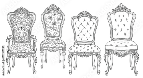 Collection of ornate vintage chairs with detailed upholstery and carved wooden frames.