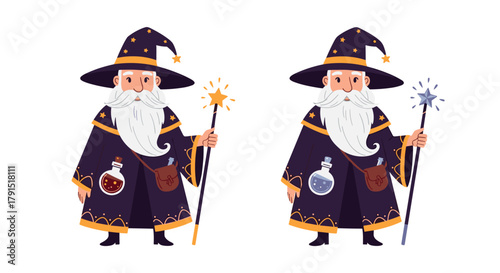Two cartoon wizards in dark robes and hats, one holding a golden star wand and the other a blue star wand, standing side by side with potion bottles on their robes.
