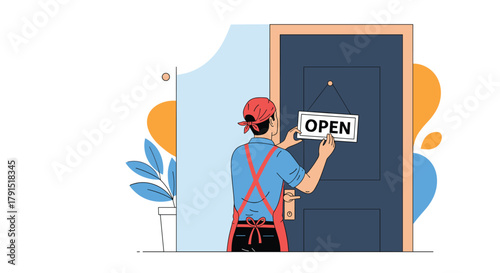 Person in apron hangs an open sign on a dark blue door with abstract shapes in the background.