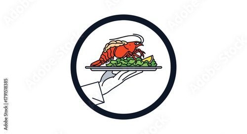 Illustration of a cooked shrimp served on a platter by a waiter.