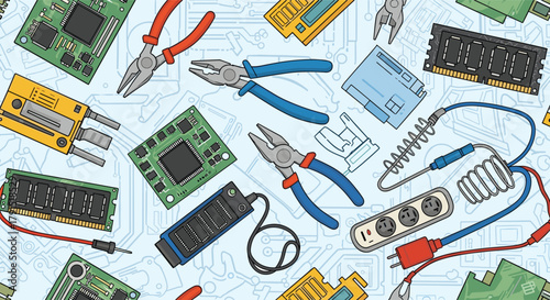 Seamless pattern of electronic components and tools for repair and assembly.