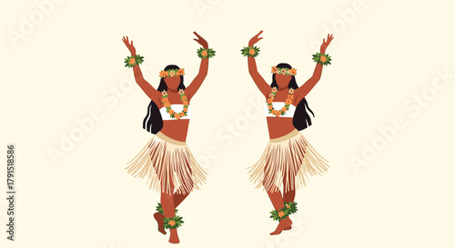 Two hula dancers with leis and grass skirts dance with their arms raised on a pale yellow background.
