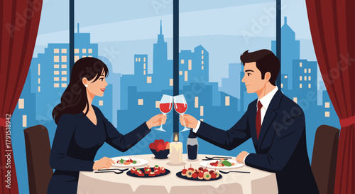 Couple enjoying a romantic dinner with wine at a restaurant overlooking a cityscape.