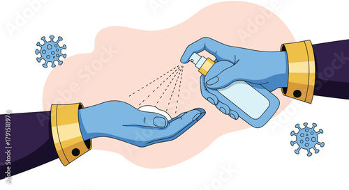 Blue gloved hands spraying disinfectant onto another hand to prevent virus spread.