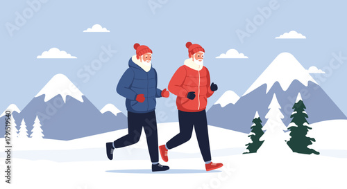 Two elderly men in winter clothing are jogging together in a snowy mountainous landscape.