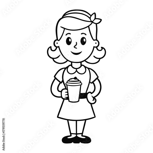 A cute coffee girl holding a warm cup, surrounded by coffee beans and steam swirls. Perfect for coloring with cozy café vibes and sweet morning charm.
