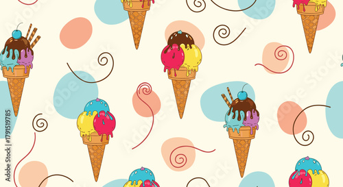 Whimsical seamless pattern of colorful ice cream cones with swirls and dots.