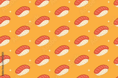 Salmon sushi colorful illustration pattern on yellow background set for Japanese food. Nigiri sushi cartoon vector pattern background for packaging. Seafood dish doodle isolated motif for merchandise