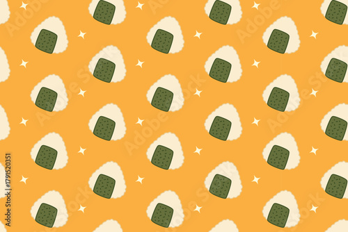 Onigiri rice ball with star colorful illustration pattern on yellow background set for Japanese food. Seaweed rice cartoon vector pattern background for packaging. Rice triangle doodle isolated motif