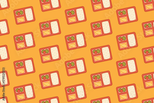 Bento box with rice, vegetables, tempura colorful pattern on yellow background set for restaurant. Japanese lunchbox cartoon pattern background. Rice and side dish bento doodle vector isolated motif