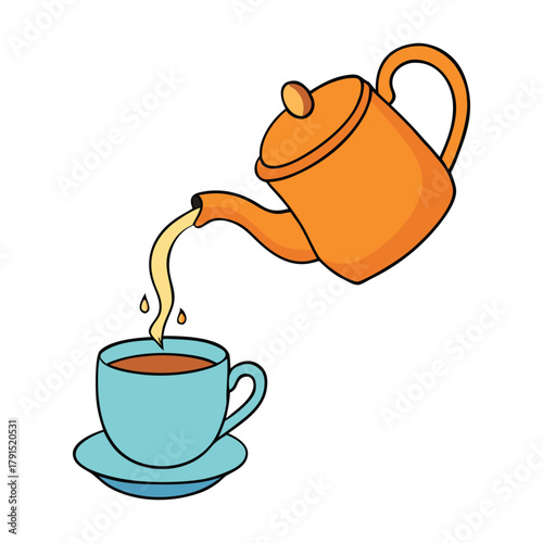 Hot tea pours smoothly from a classic kettle into a delicate teacup, releasing steam and aroma. A cozy, heartwarming moment perfect for tea lovers and relaxation.
