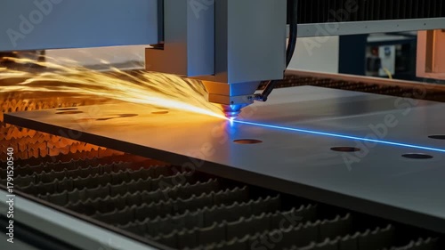 High-tech laser cutter precisely slices metal sheet, creating sparks and molten material