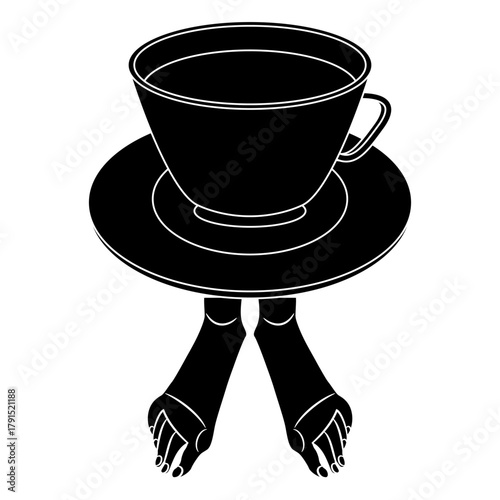 Cup of tea or coffee standing on bare human feet. Funny beverage design. Black and white silhouette.