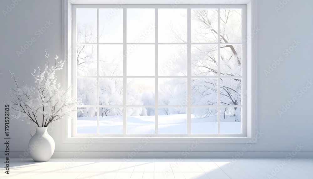 Fototapeta premium 窓越しに眺める雪景色と自然光｜4Kリアリスティック・ミニマリスト・コピースペース付き 