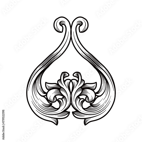 Vector floral engraving ornament, symmetrical scrollwork design. Vintage Baroque ornamental illustration decorative elements, filigree, floral flourishes for tattoo design, wood working, carving