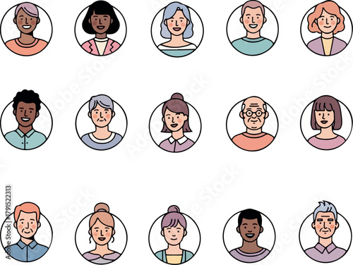 Diverse Group of People Avatars in Circles.