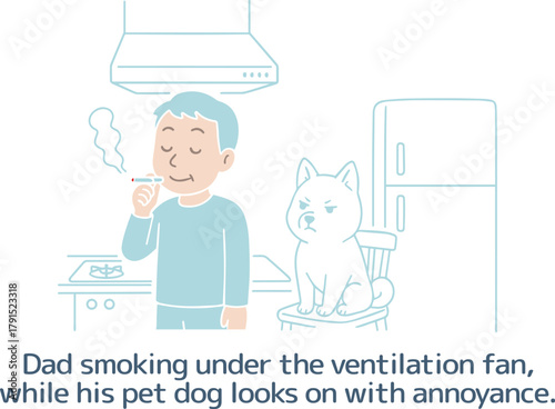 換気扇の下でタバコを吸っているパパと、 それをイライラした様子で見ているペットのワンコ
Dad smoking under the ventilation fan, while his pet dog looks on in annoyance.