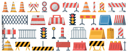 Road barriers and traffic signs illustration for safety and construction site design