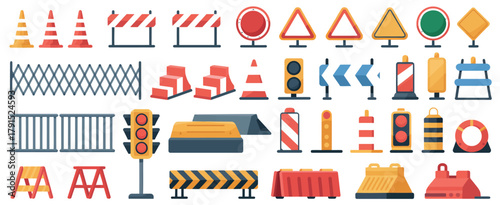 Road barriers and traffic signs vector for highway safety and construction zone projects