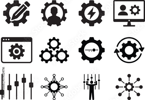 Teamwork and gear symbol collection. Icon set of teams and controls representing collaboration and workflow management.