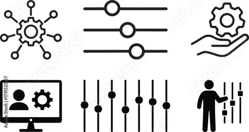 Settings, data control and human interaction icons for digital management systems. Collection of icons showing sliders, human figures, and gears symbolizing digital control and data systems.