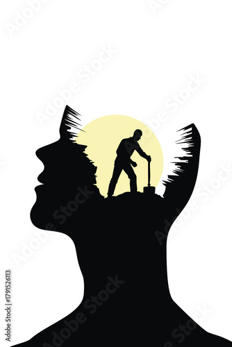 Surreal illustration of a worker digging inside a human head, symbolizing inner struggle, emotional excavation, and exploring the subconscious mind in a dreamlike, abstract concept.