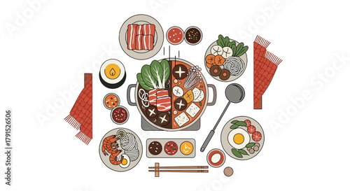 Delicious Hot Pot Feast Illustration with Fresh Ingredients and Condiments for Culinary Guides and Asian Restaurant Promotions
