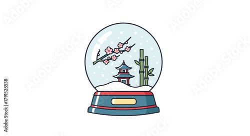 Whimsical snow globe illustration showcasing traditional Japanese elements, delicate cherry blossoms, and serene pagoda architecture for cultural themes.