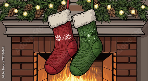 Red and green knitted Christmas stockings hanging together.