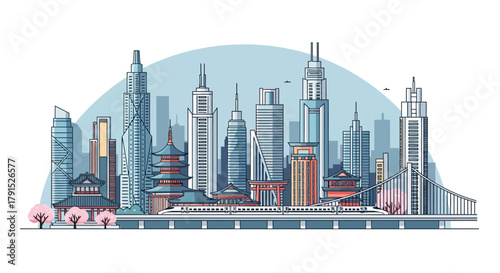 Serene Skyline Illustration of a Modern Cityscape Blending Skyscrapers and Traditional Architecture for Urban Planning and Travel Promotion